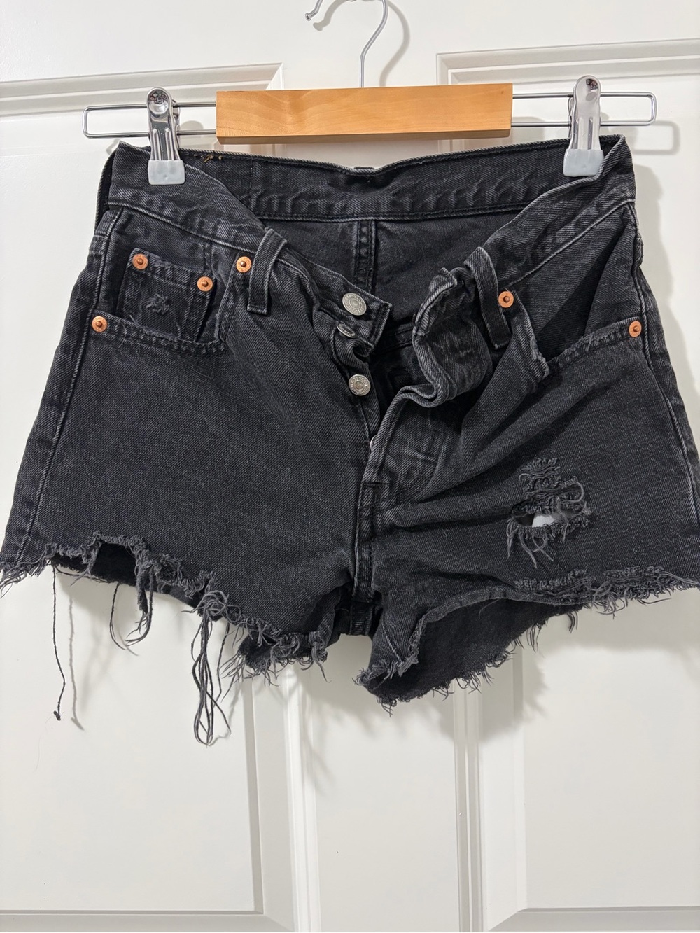 Levi's Black Distressed Raw-Hem Denim Shorts
